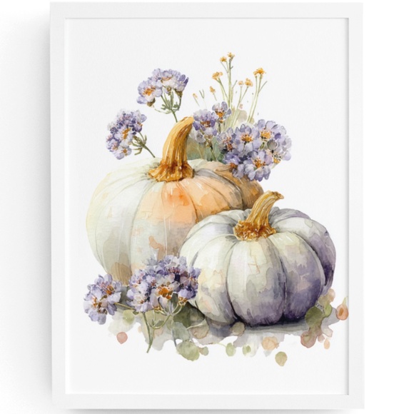 Creative Path Studios Other - Watercolor Pumpkins with Flowers Wall Art Print Unframed - Cozy Autumn Elegance